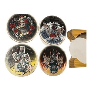 Skull skeleton tattoo poker stone coasters wood caddy 4 designs man cave